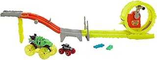 Monster Trucks Track Set & 2 Toy Trucks: Oversized Skelesaurus & 1:64 Scale Bone Shaker, Race & Chase Challenge with 2 Crushed Cars