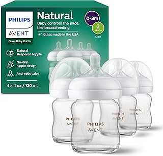 Philips Avent Natural Glass Baby Bottles with Natural Response Nipples (Slow Flow, Flow 2), 4oz, 4-Pack, SCY910/04