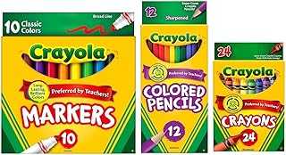 Classic Bundle: 3 Items - Crayons (24 Count), Broad Line Markers (10 Count), Colored Pencils (12 Count)