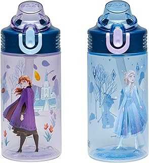 Disney Frozen Sage Kids Water Bottle For School or Travel, 16oz Durable Plastic Water Bottle With Straw, Handle, and Leak-Proof, Pop-Up Spout Cover, 2-Pack Set (Anna & Elsa)