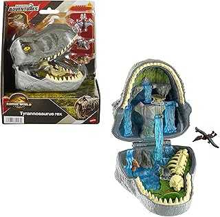 Jurassic World Rebirth Micro Adventure Playset, Tyrannosaurus Rex Head Opens to 4 Interactive Features, 3 Micro Figures, T. Rex Dinosaur Toy