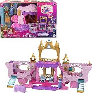 Disney Princess Carriage to Castle Transforming Playset with Aurora Small Doll, 3 Levels, 6 Play Areas, 4 Figures, Furniture & Accessories