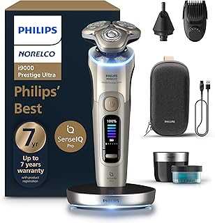 Philips Norelco Shaver i9000 Prestige Ultra, Wet & Dry Electric Shaver, White Gold, SenseIQ Pro Technology, Triple Lift & Cut System, 360 Rotating NanoTech Precision Blades, Beard Styler, XP9403/88