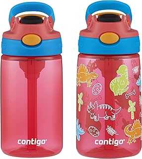 14oz Kids Cleanable Water Bottle with Silicone Straw and Spill-Proof Lid, 2-Pack in Watermelon & Dinos, Dishwasher-Safe